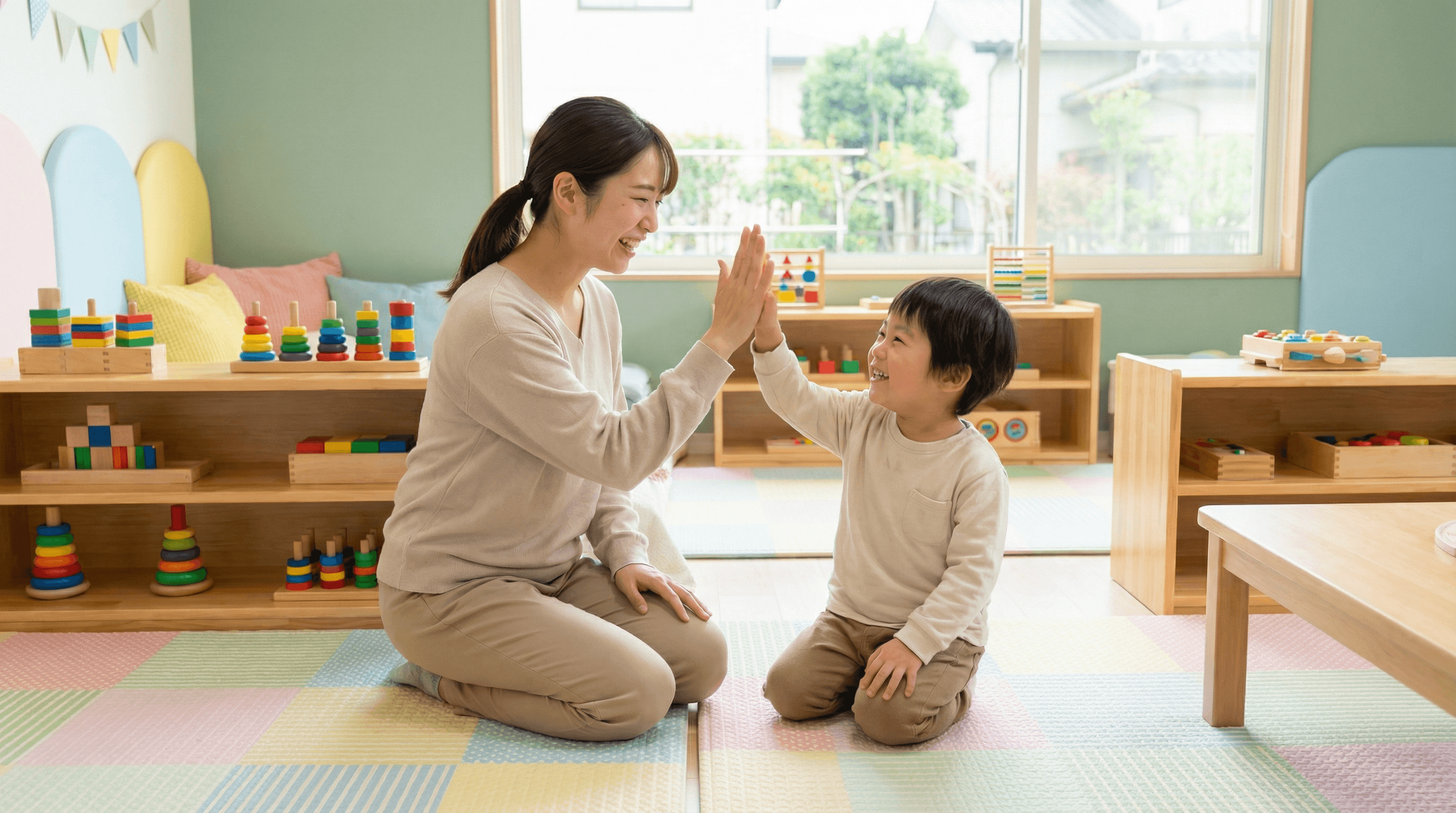 スタッフがお子様と同じ目線でハイタッチをしている笑顔の写真